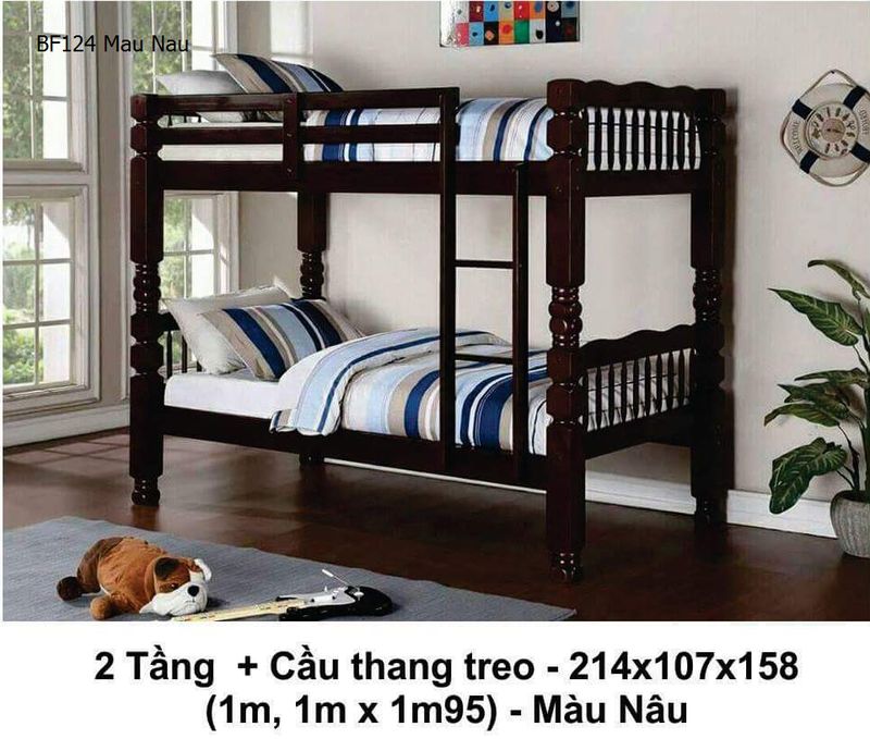 Giường 2 tầng đẹp dành cho bé và người lớn BF124 màu nâu