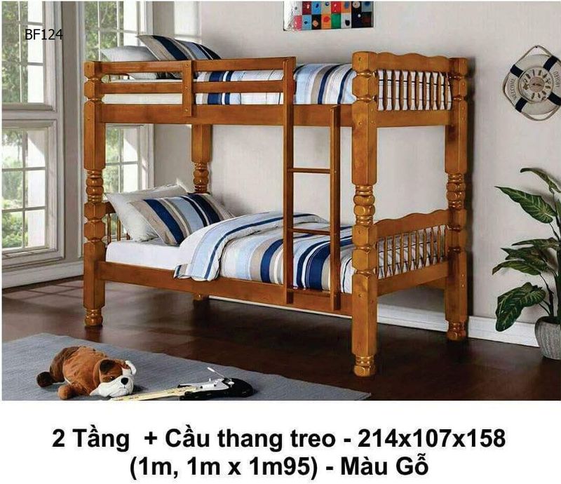 Giường tầng cầu thang treo màu nâu mã BF 124 giá rẻ đẹp.