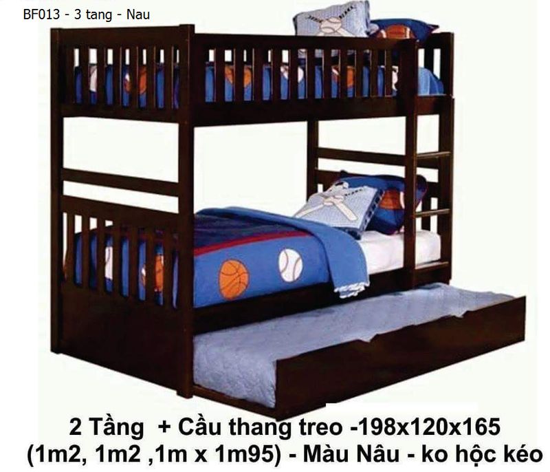 Mẫu giường tầng giá rẻ BF013 màu nâu 3 tầng, có giường phụ