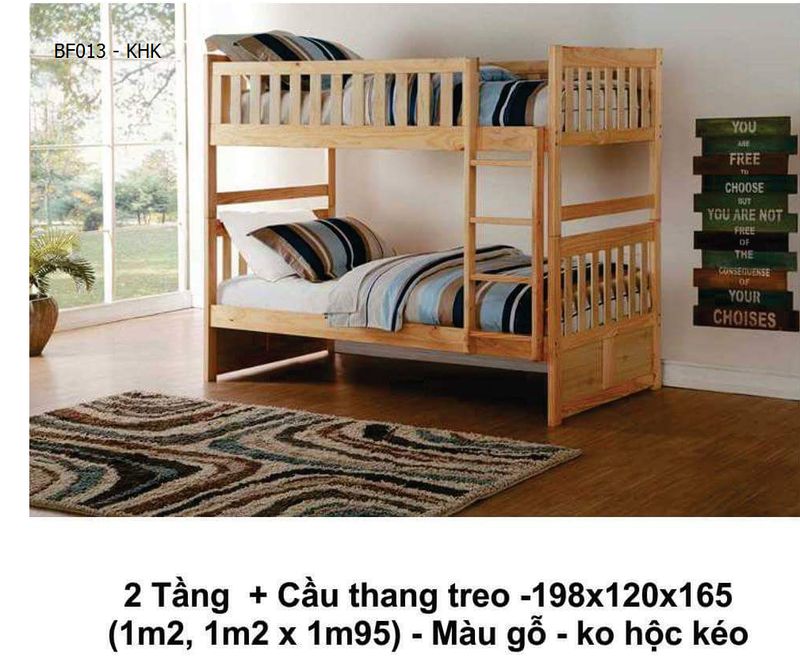 Giường tầng giá rẻ cho người lớn, trẻ em BF013 không hộc kéo, cầu thang đứng