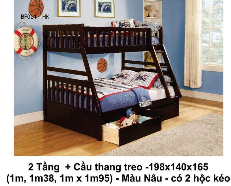 Giường 2 tầng giá rẻ BF014 màu nâu có 2 hộc kéo