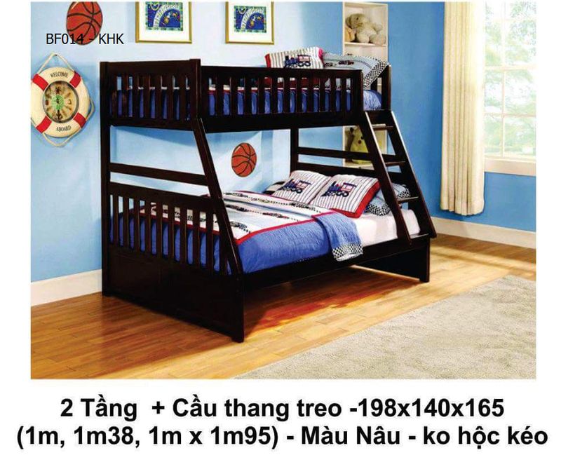 Mẫu giường 2 tầng cho bé giá rẻ đẹp BF014 màu nâu không có 2 hộc kéo