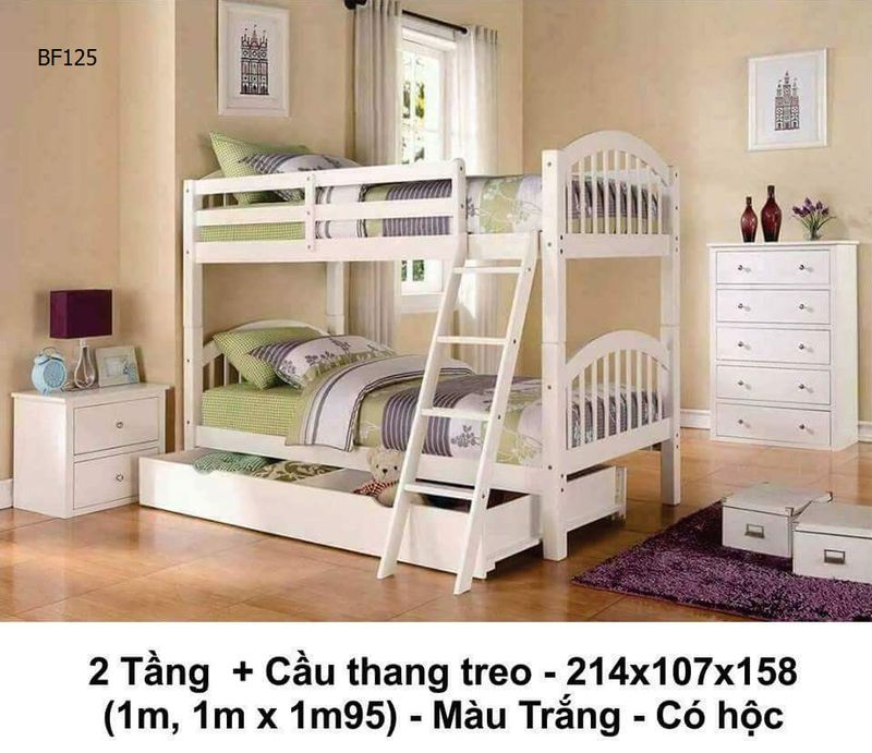 Mẫu giường tầng 2 tầng BF125 làm bằng gỗ thông có ngăn kéo