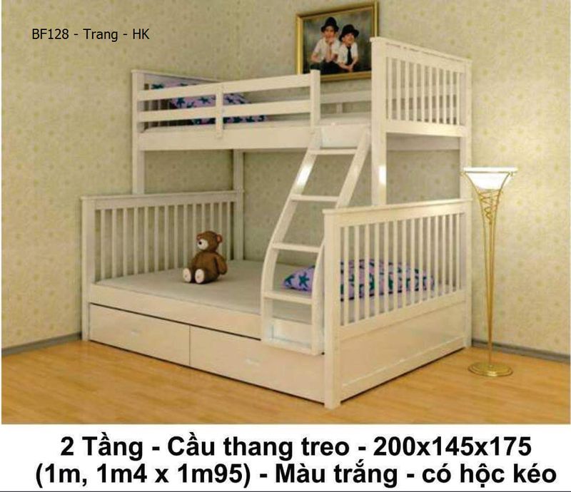 Giường tầng giá rẻ đẹp BF128 màu trắng có ngăn kéo chứa đồ