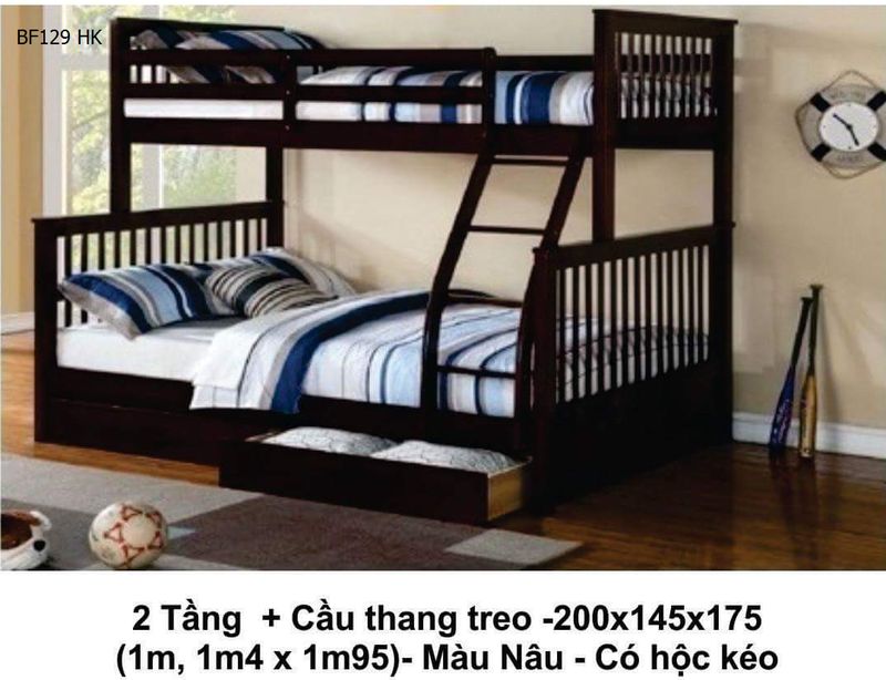 Giường tầng giá rẻ có hộc kéo BG129 màu nâu