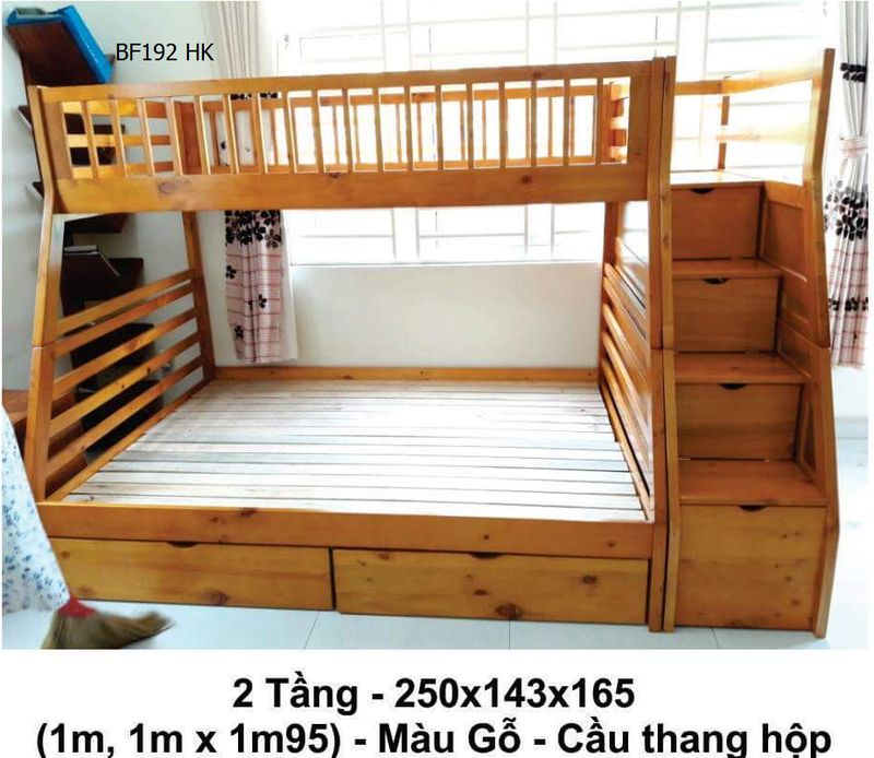 Giường tầng giá rẻ BF192 màu gỗ ( cánh dán) - cầu thang hộp