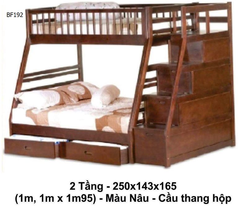 Giường 2 tầng giá rẻ đẹp dành cho sinh viên học sinh, trẻ em BF192 màu nâu - cầu thang hộp